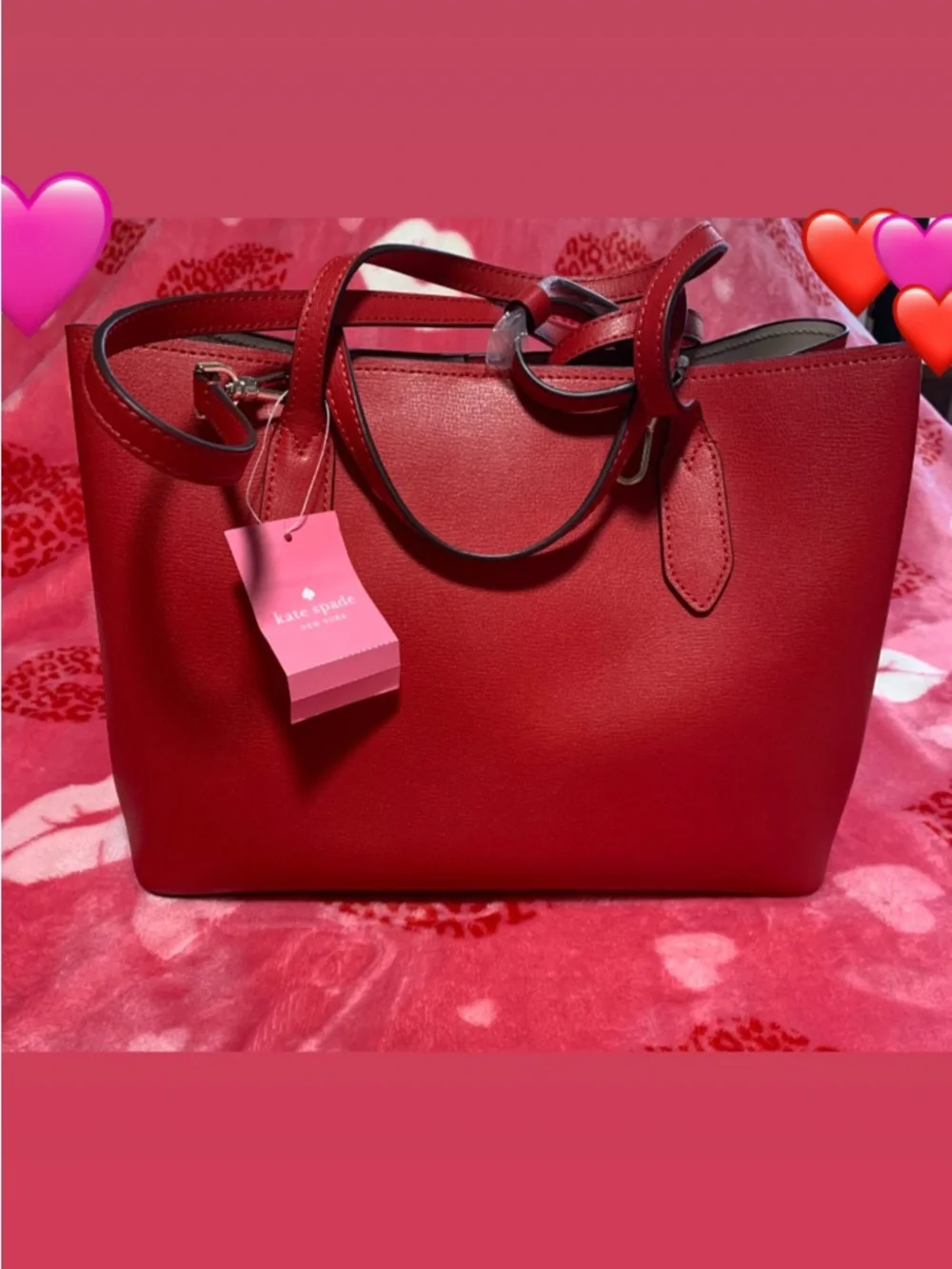 kate spade red leather tote with gold logo lettering - Picture 3 of 5